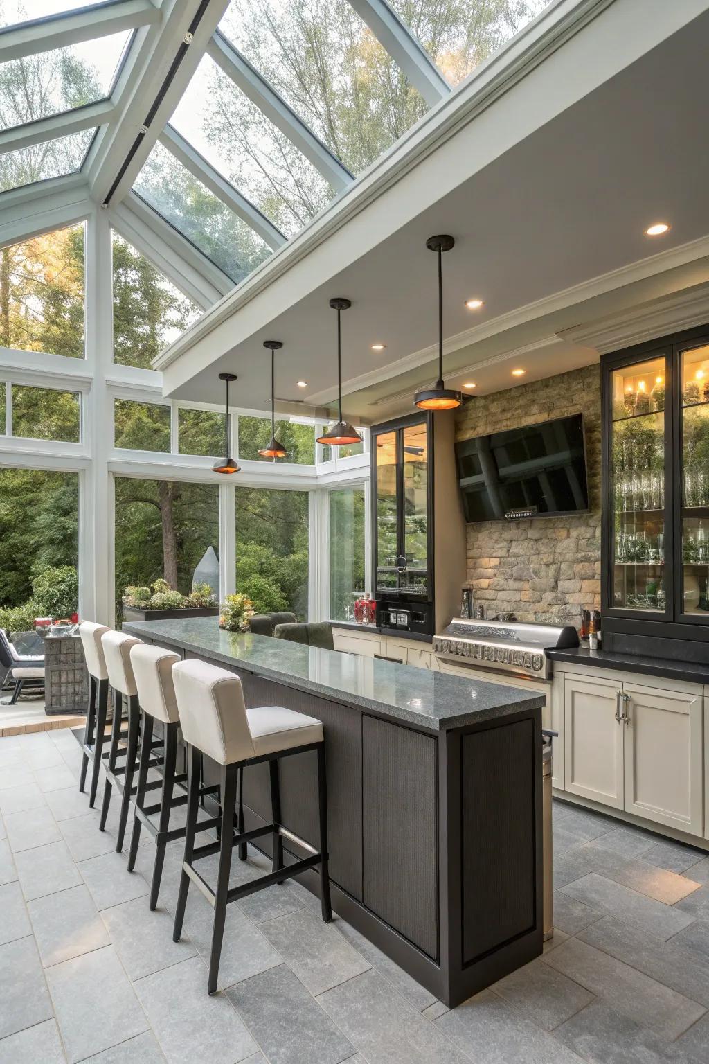 Smart tech enhances the functionality and atmosphere of your sunroom bar.