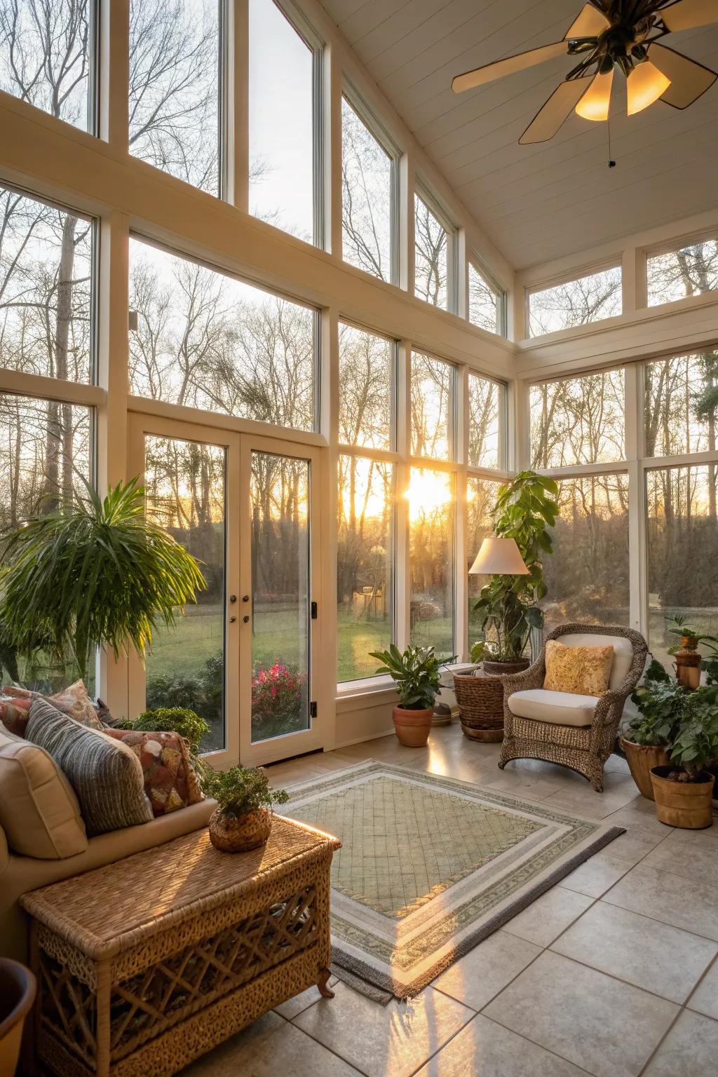 Large windows ensure the sunroom is full of sunlight.