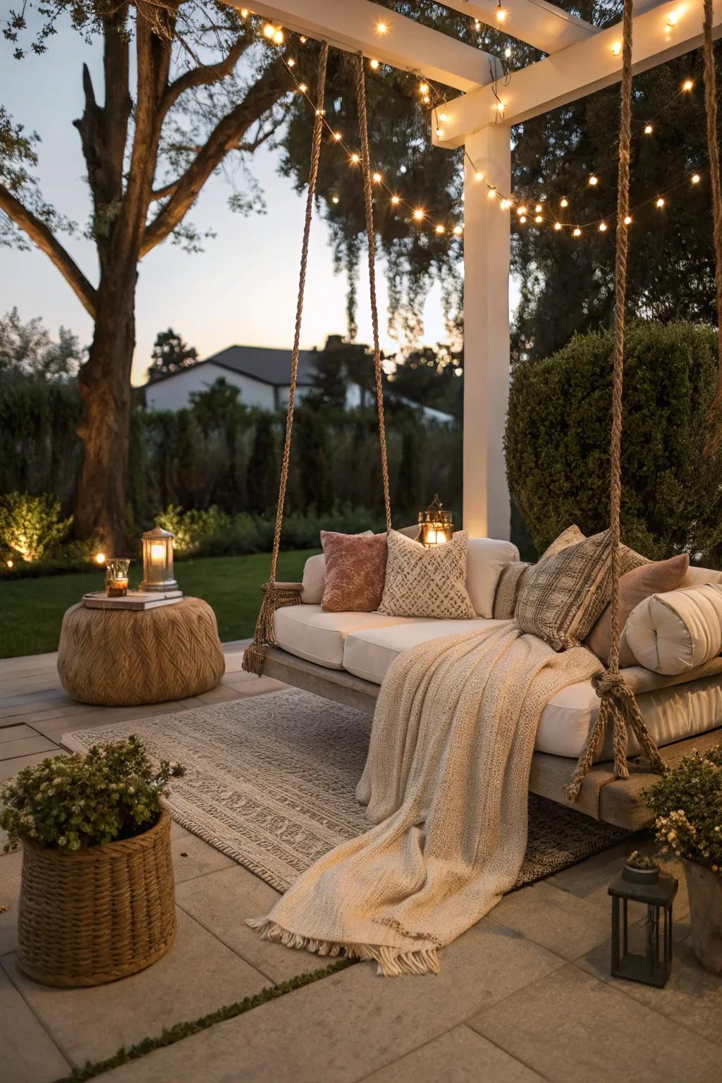An outdoor lounge swing becomes a social hub under the stars.