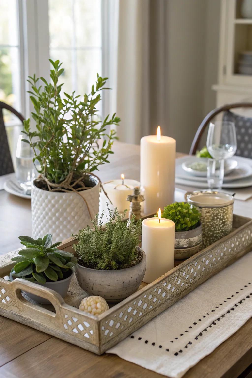 A stylish and adaptable tray designed as a centerpiece.
