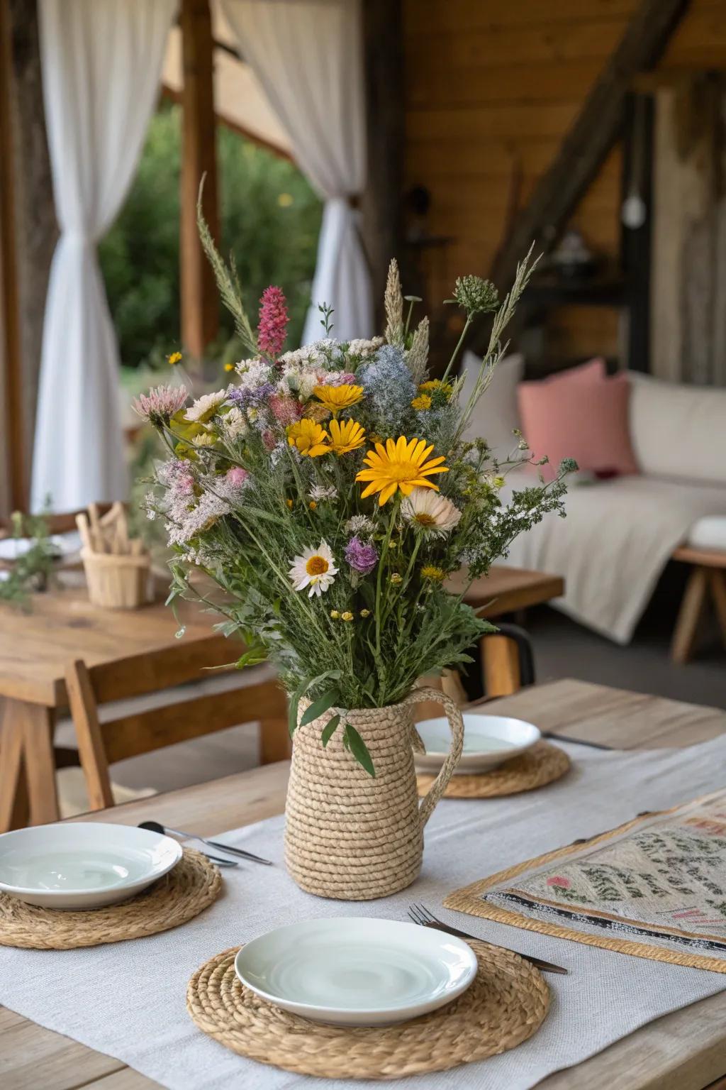 An untamed meadow arrangement that brings a hint of the meadow to your table.