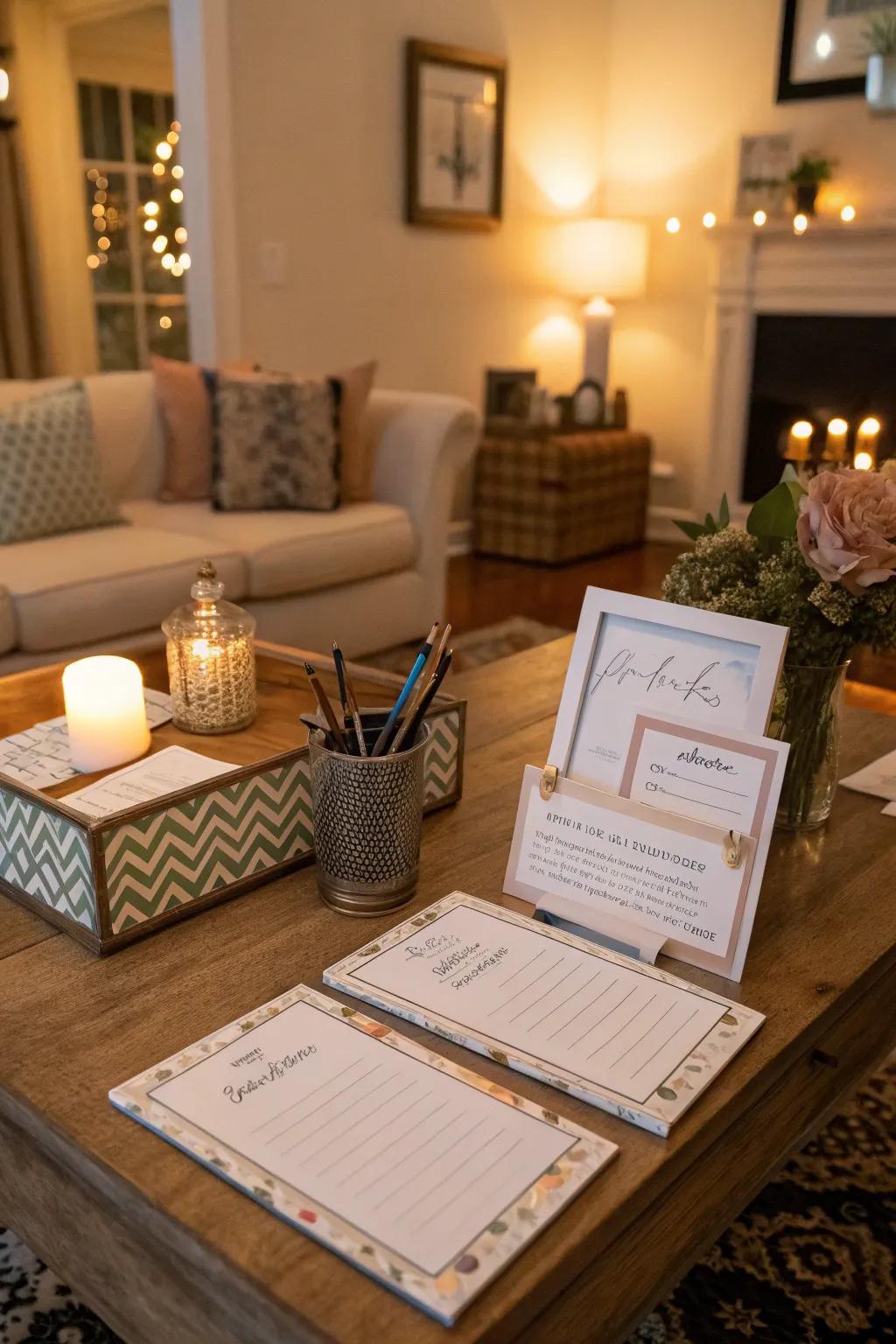 Well-wishing cards enable guests to share their wisdom, leading to a treasured keepsake.