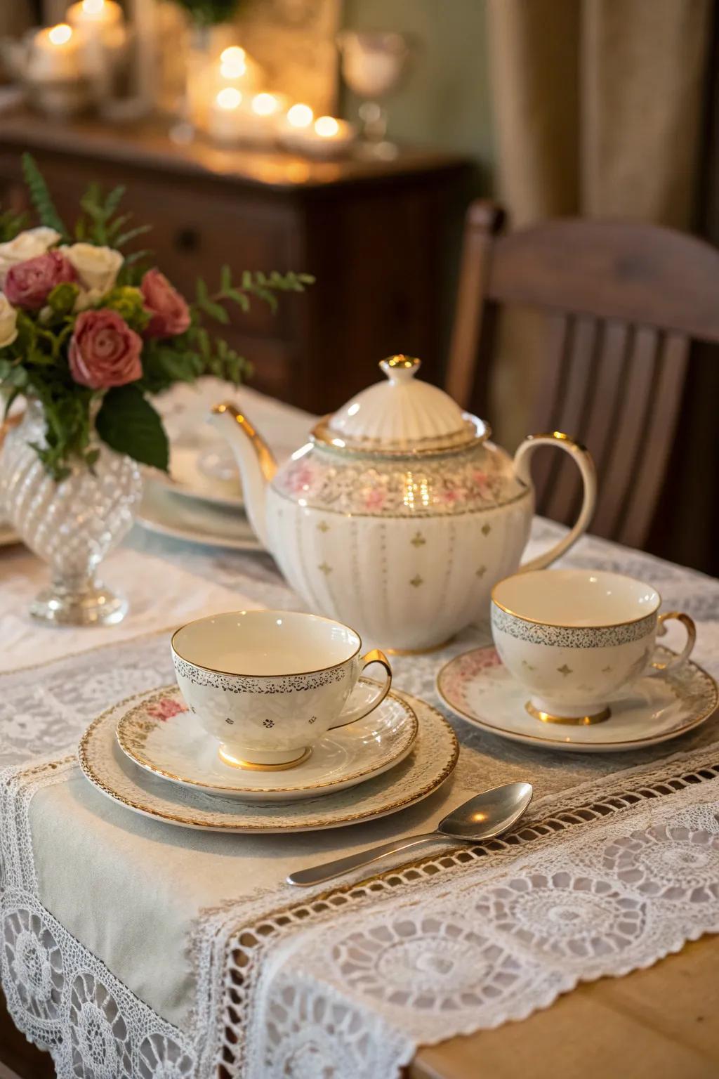 Elegant teapots and cups are crucial for a tea party.