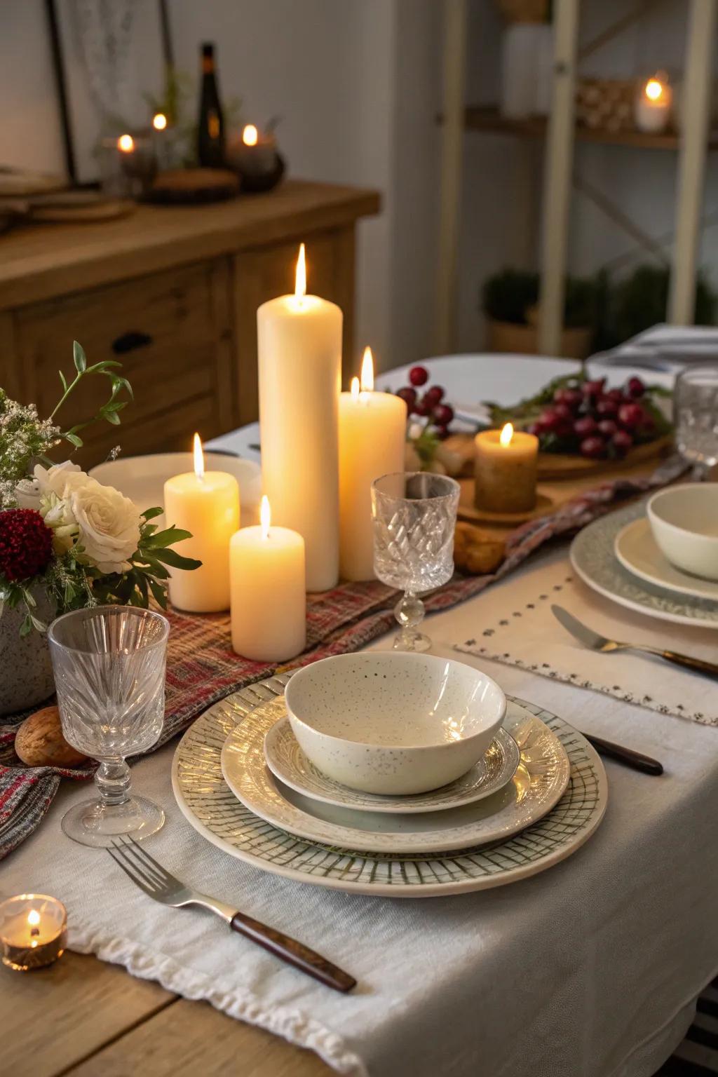 Lighting implements add warmth and a magical glow to the table design.