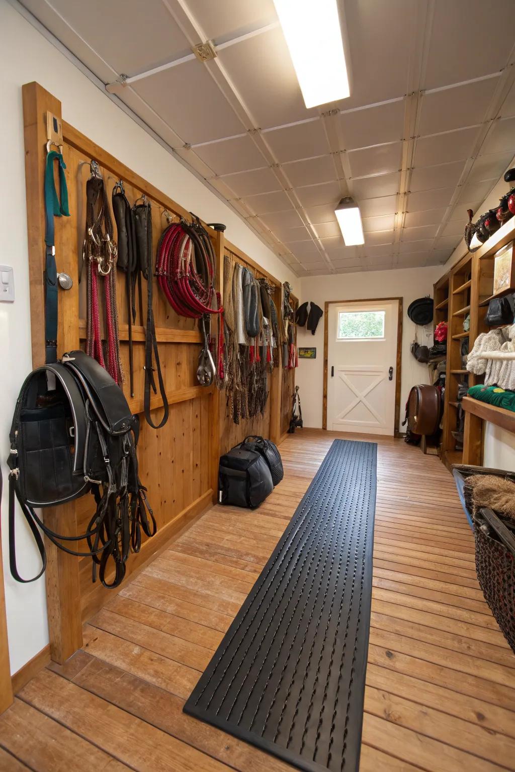 Sturdy flooring options in a tack room for simple upkeep.