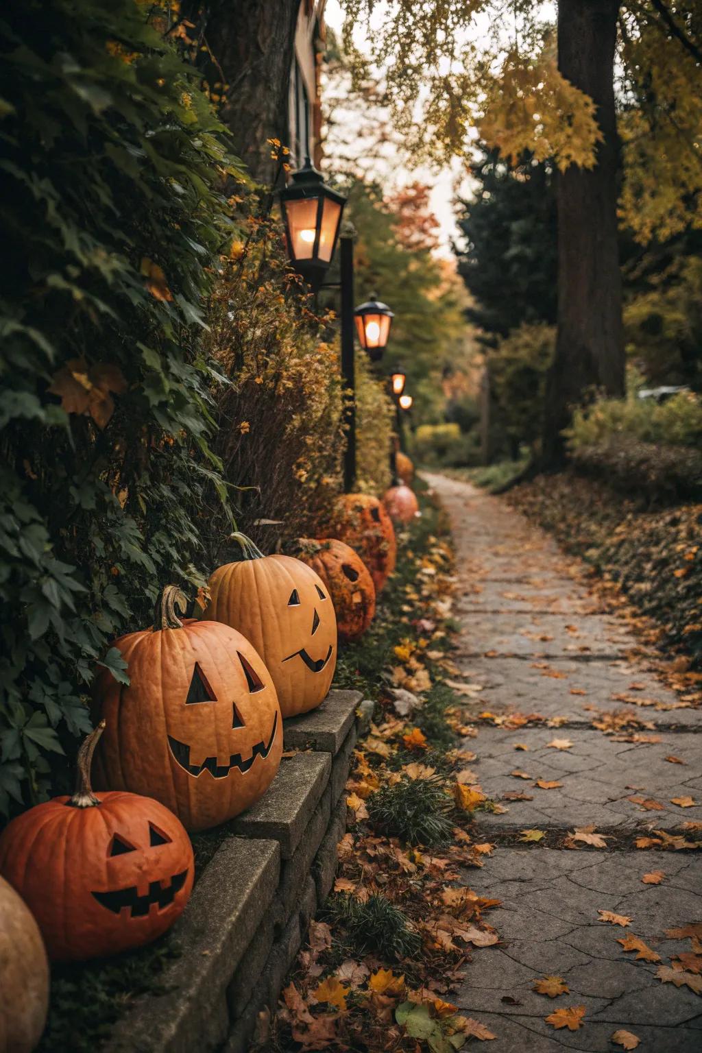 Arrange your walkway using a hamlet of towering pumpkins for a welcoming autumn ambiance.