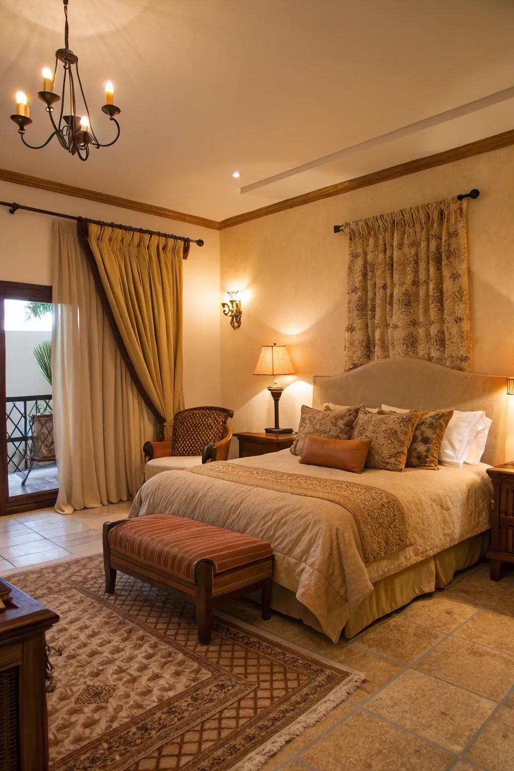 The cozy vibe of the tan bedroom is enhanced by warm lighting.