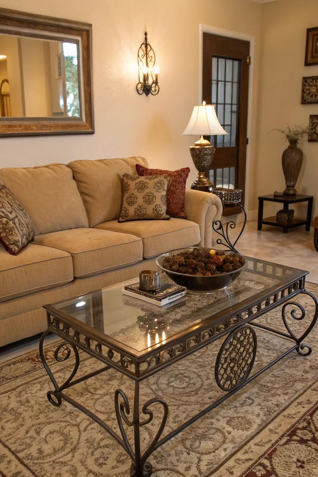 Mixed materials introduce richness and spark to a sand-toned sofa arrangement.
