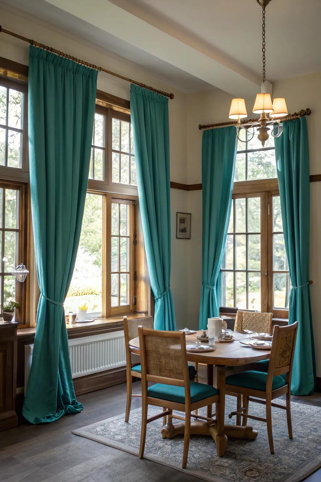 Teal curtains infuse color and elegance into the space