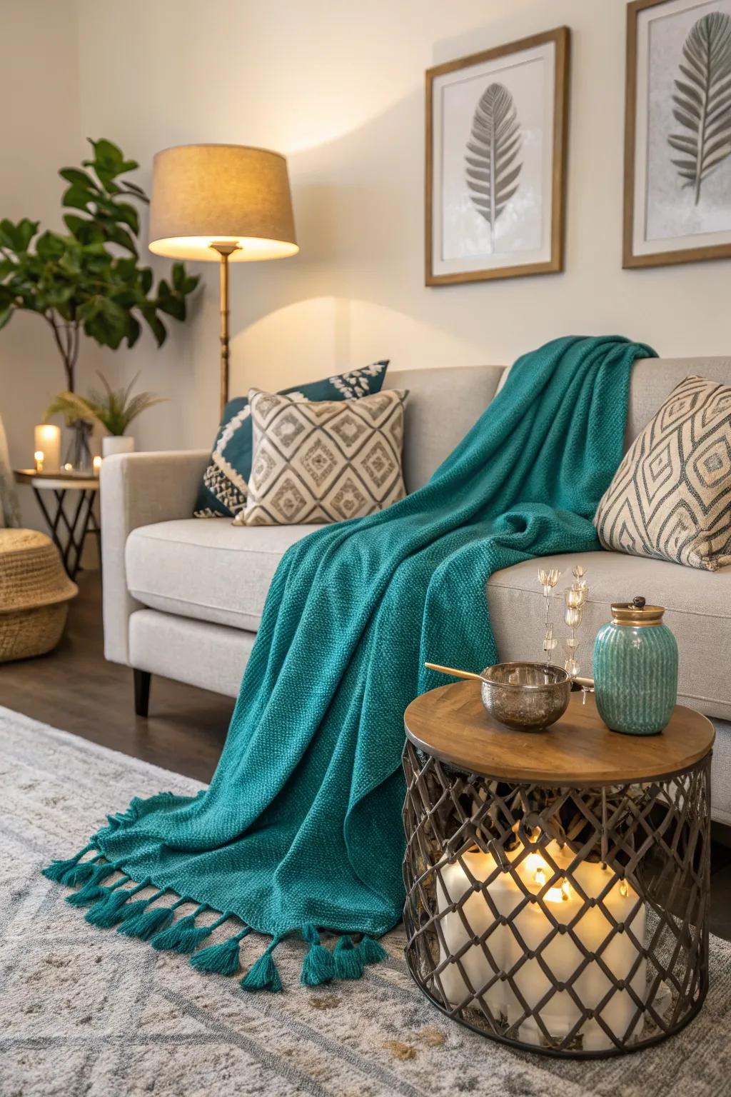 The inviting living room is made warmer and more textured by a teal throw.