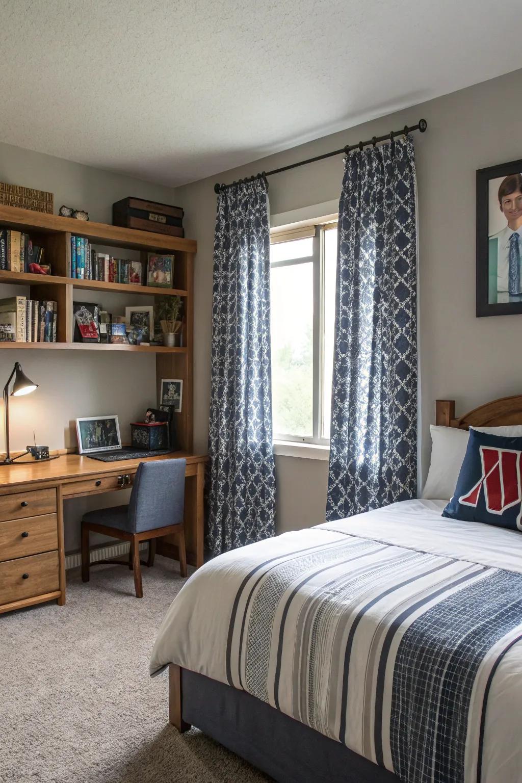 Textured curtains bring warmth and elegance to the space.
