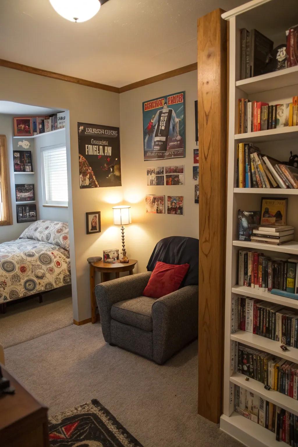A comfortable reading spot in a teen boy's room, just right for quiet moments.