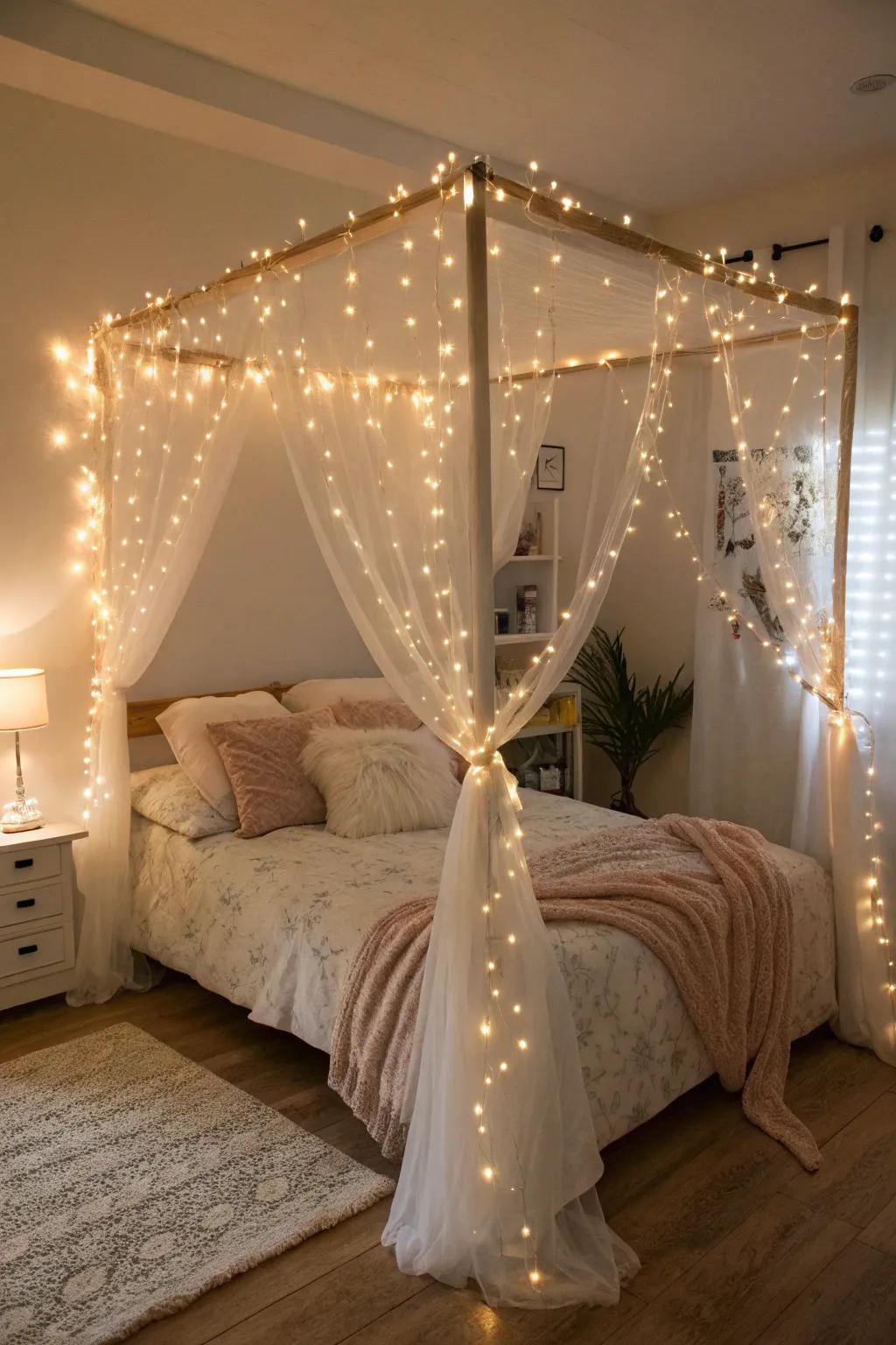 Fairy lights evoke a whimsical and peaceful setting.