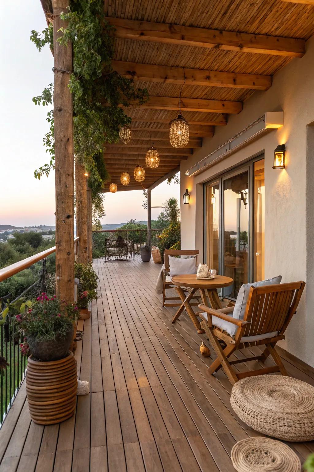 Wooden features add a natural warmth to terrace spaces.