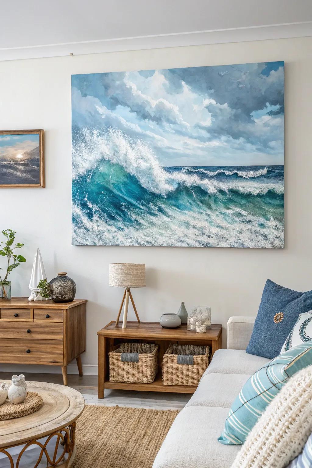 In this seaside living area, a sculpted seascape painting evokes the calming essence of the ocean.
