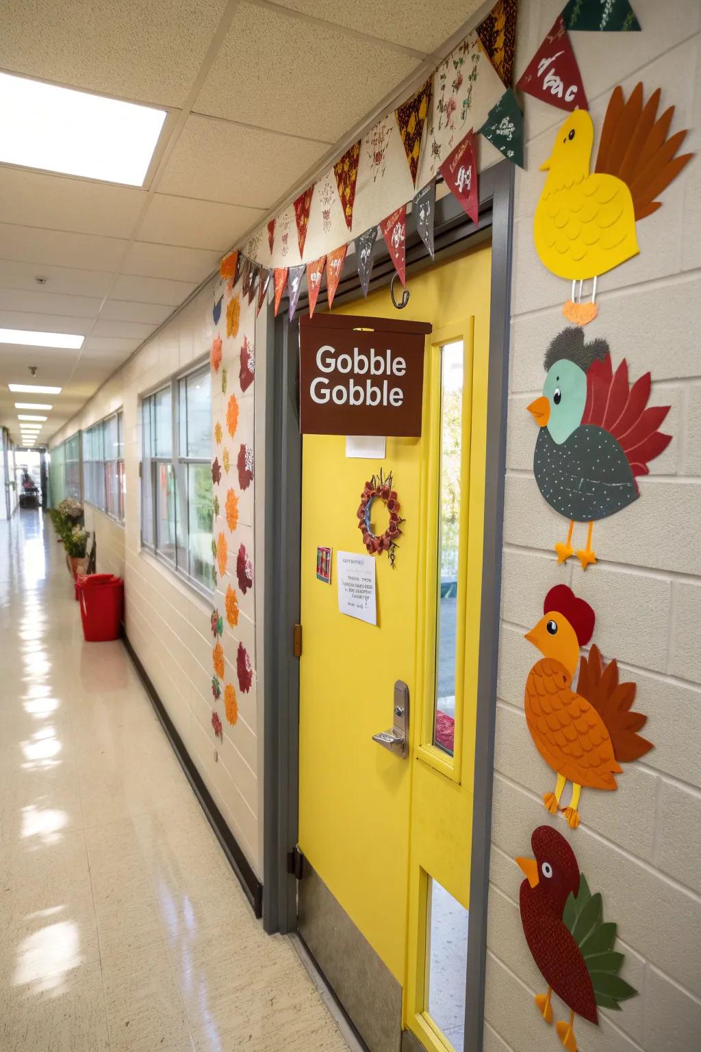 A whimsical Gobble Gobble door design featuring fun turkeys.