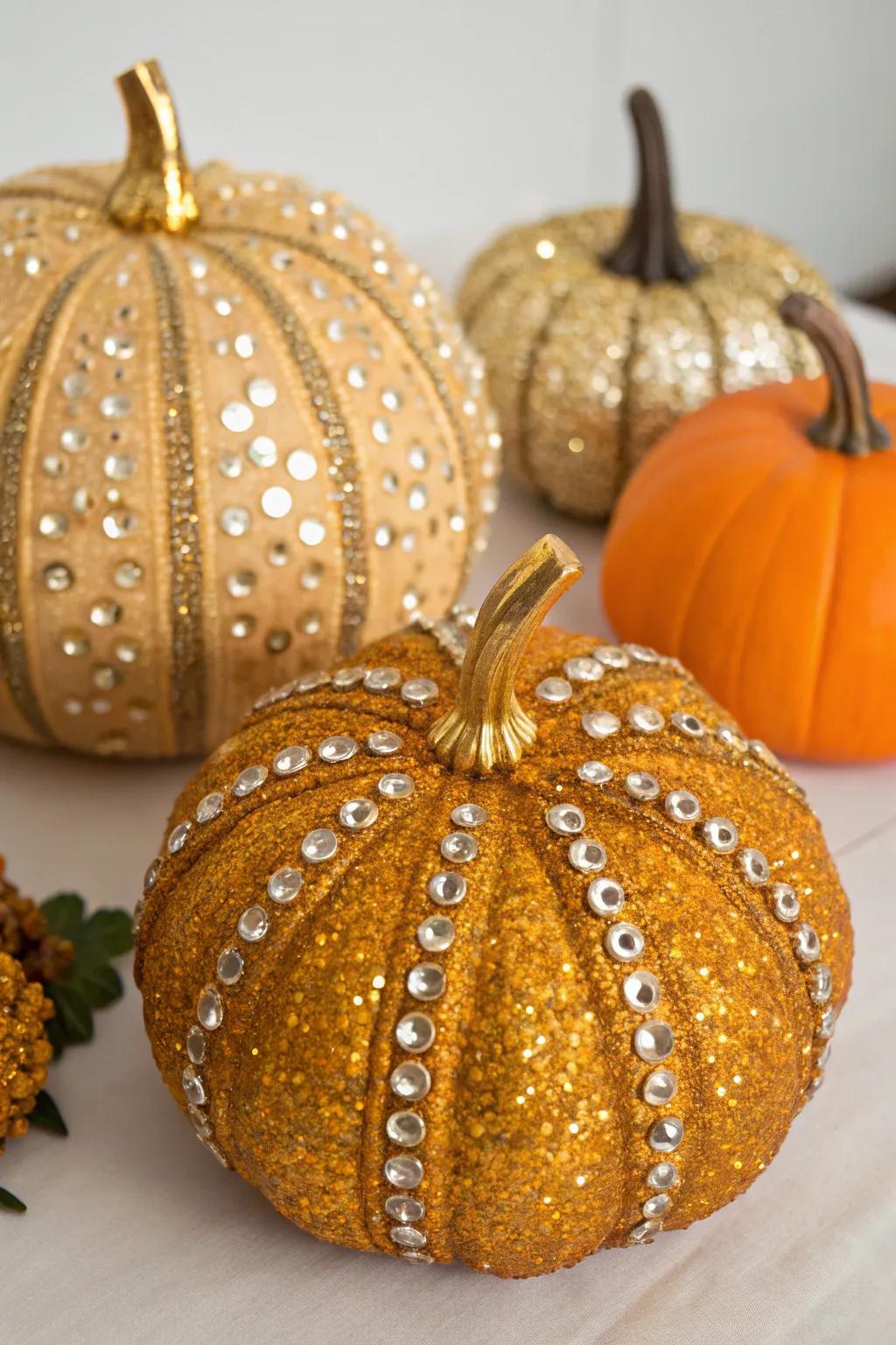 Glamorous sequined pumpkins introducing a sparkling decor.
