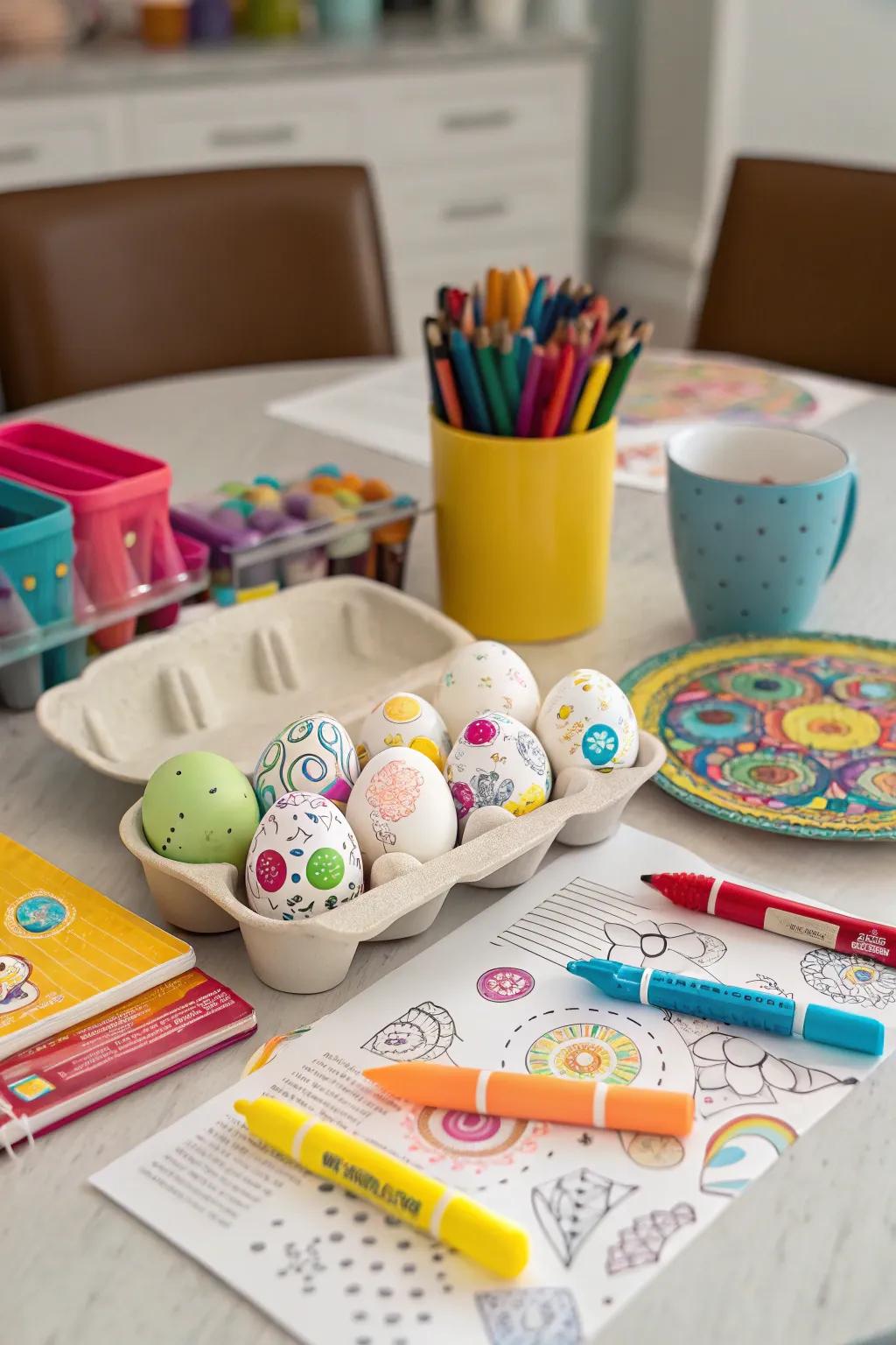 A creative egg adorning station for Easter amusement.
