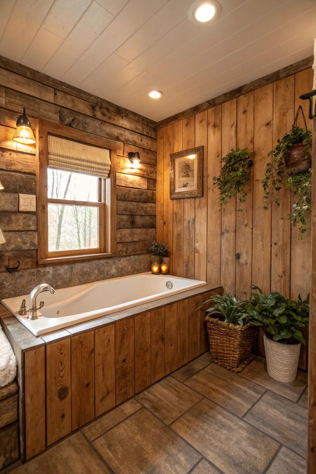 Wood-look tiles offer rustic charm while being practical for bathroom use.