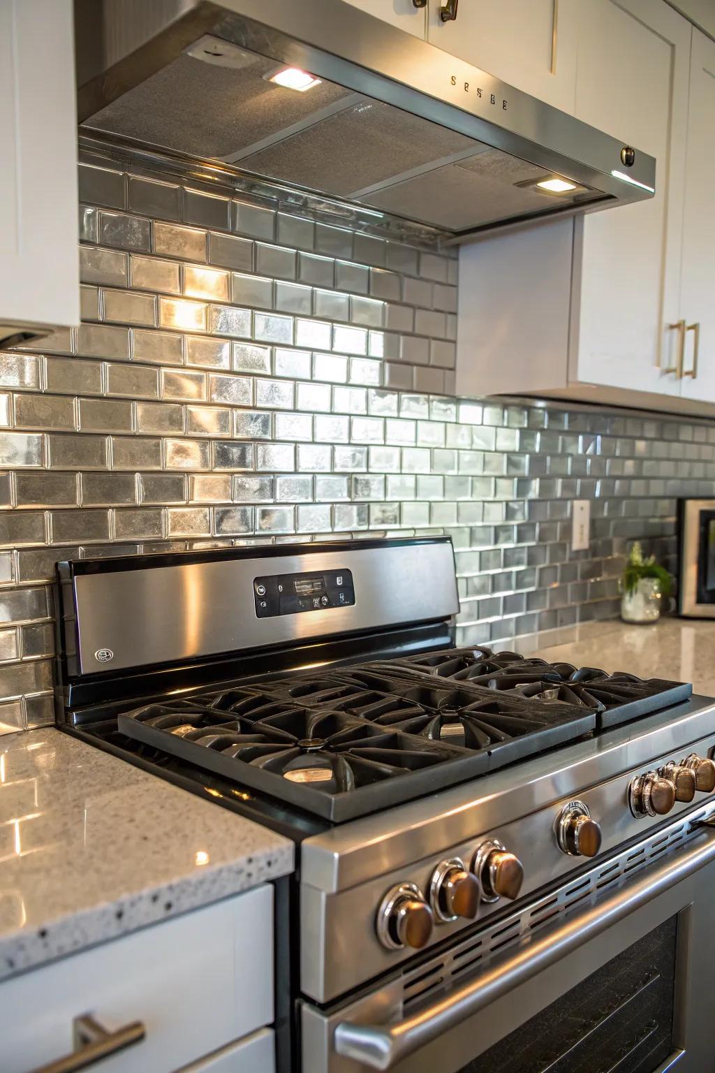 Reflective panels enhance light, amplifying the kitchen's modernity.