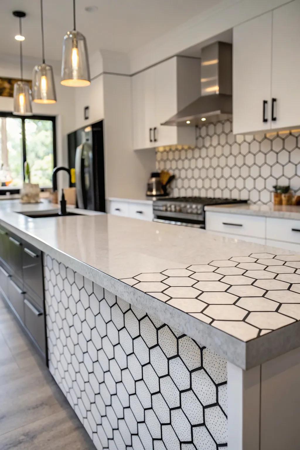 Hexagon tiles add geometric interest to this modern kitchen.