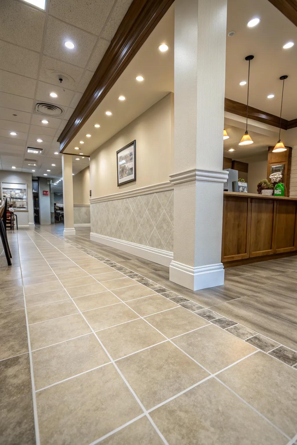 Contoured trim offers a practical solution for high-traffic areas.