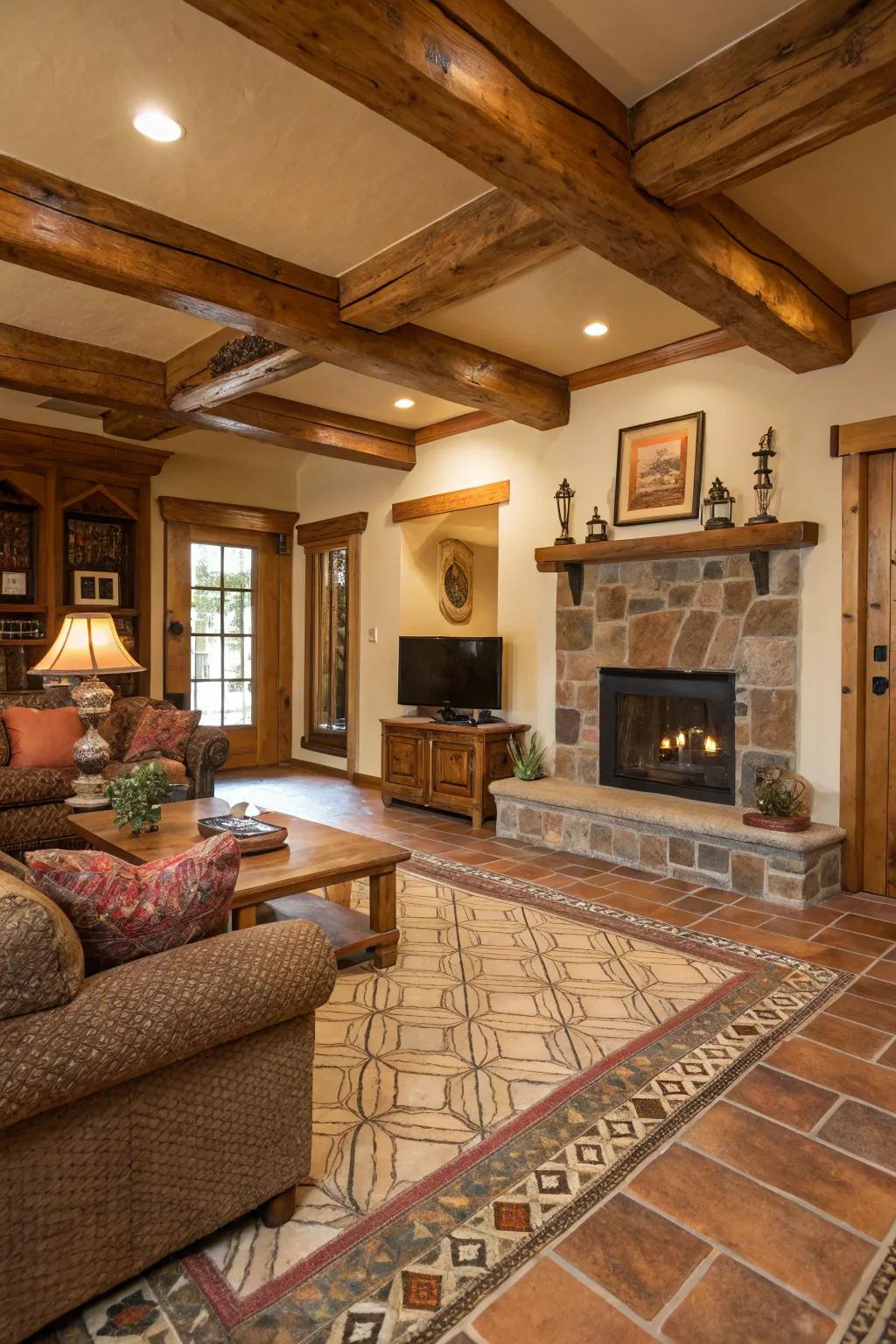 Wooden trims add warmth and a rustic vibe to tiled spots.