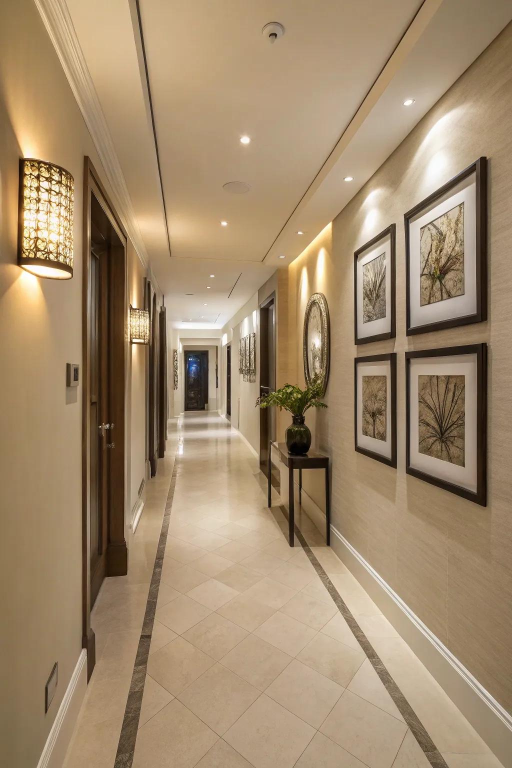Between home spaces, neutral tiles offer a seamless transition.