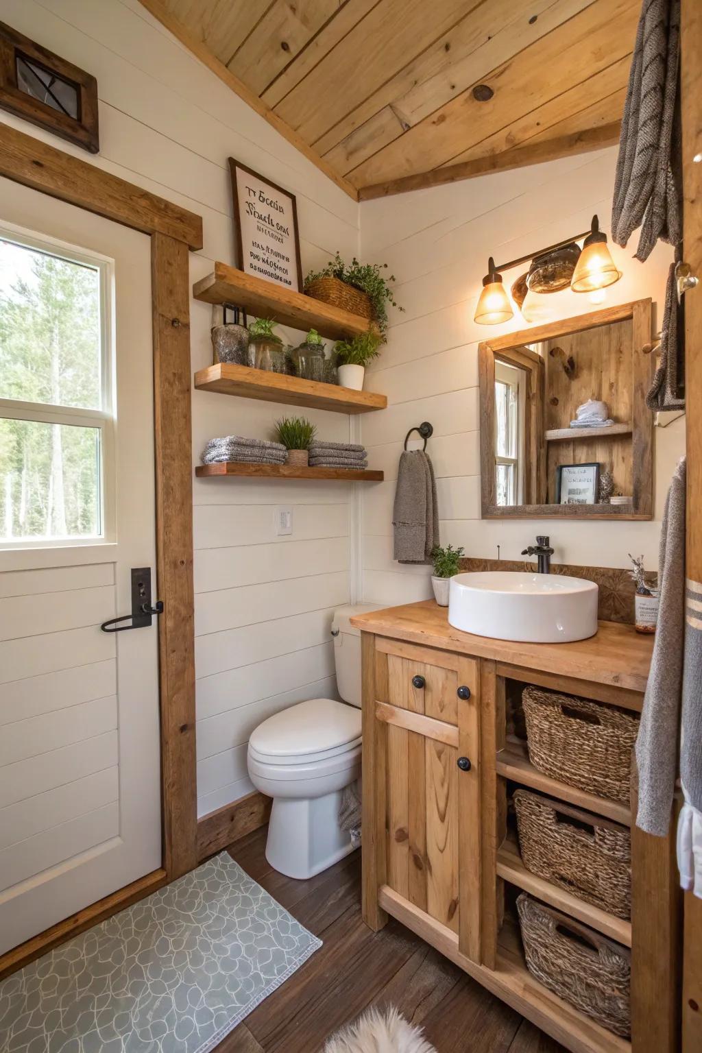Natural wood accents contribute to the warm ambiance of this small bathroom.