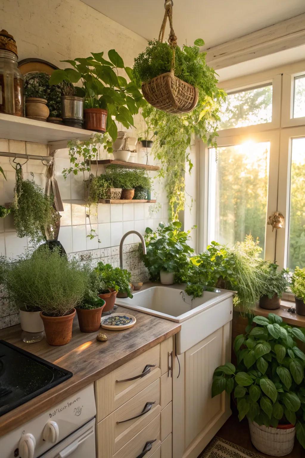 Introducing plants injects vibrancy and freshness into a compact kitchen.