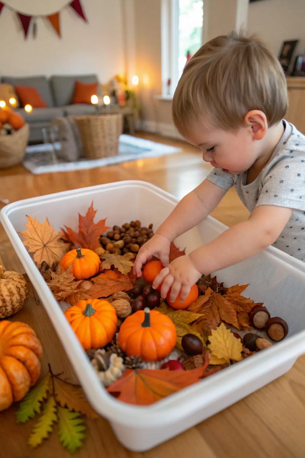 Awaken your toddler's senses with a sensory bin themed around pumpkins.