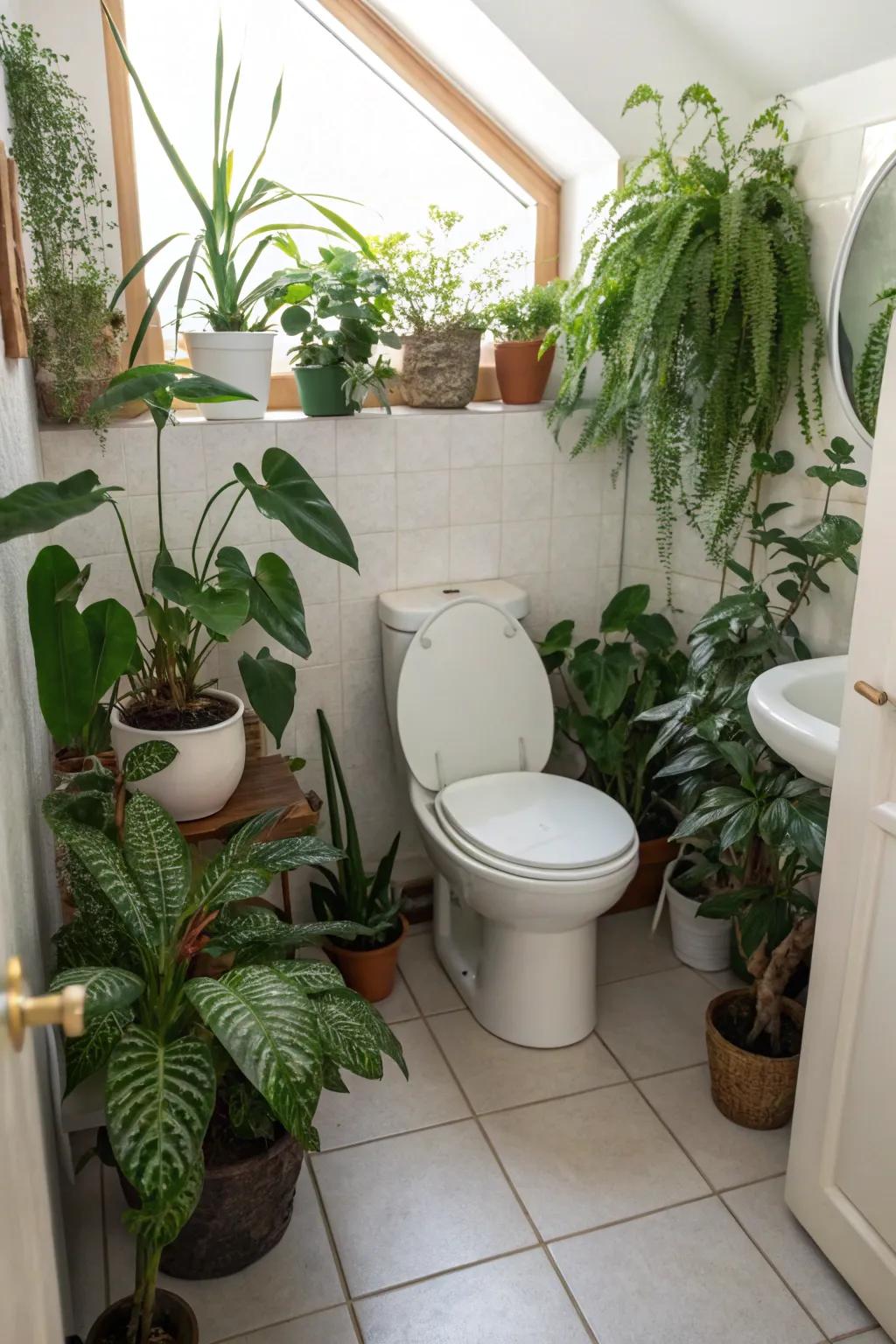 A revitalizing and organic atmosphere courtesy of indoor flora in a washroom.