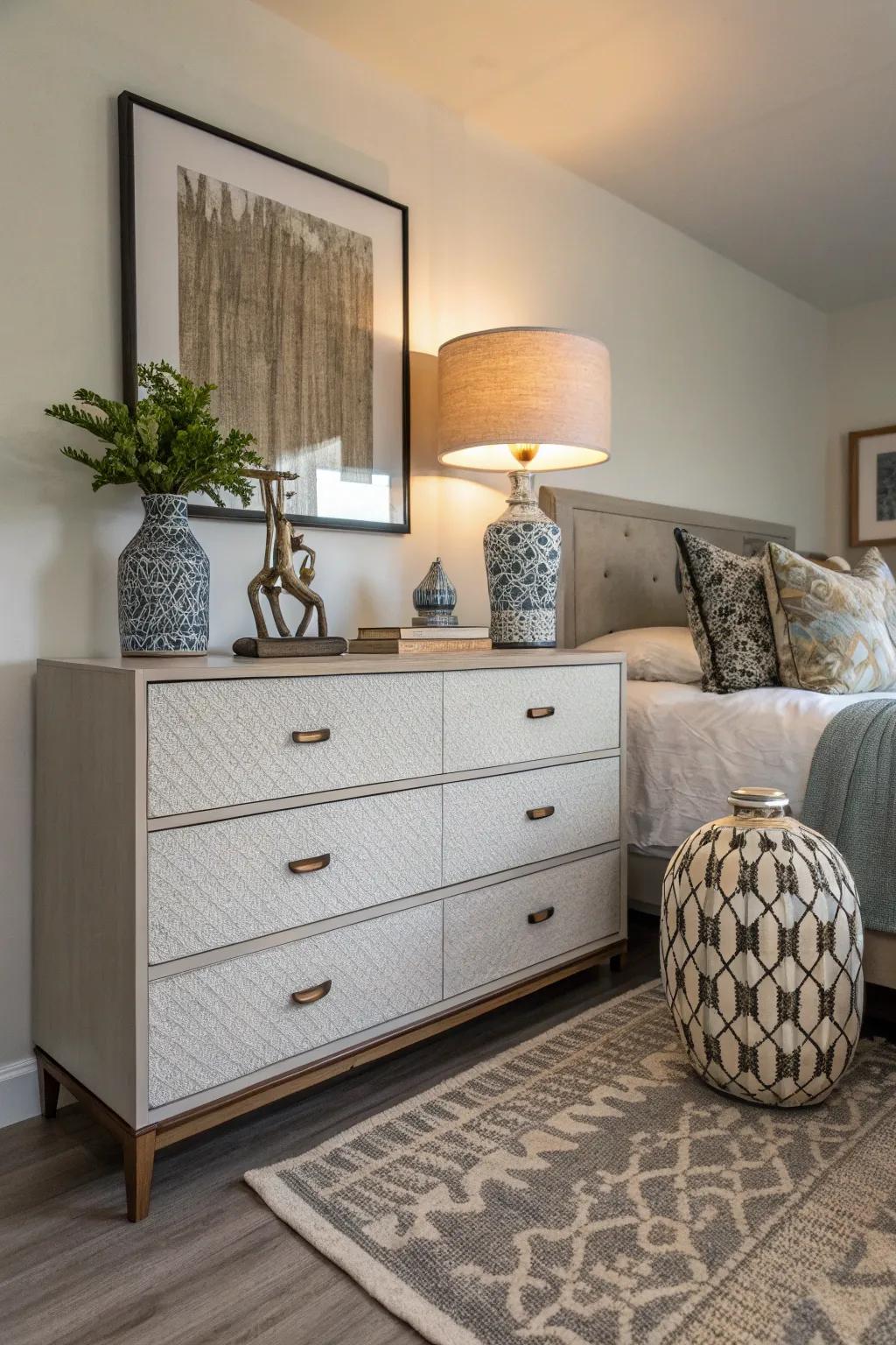 Artistic pieces contribute aesthetic appeal to a dresser.
