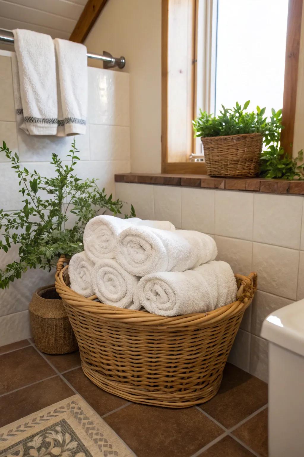 Baskets provide a rustic and practical solution for storing towels.