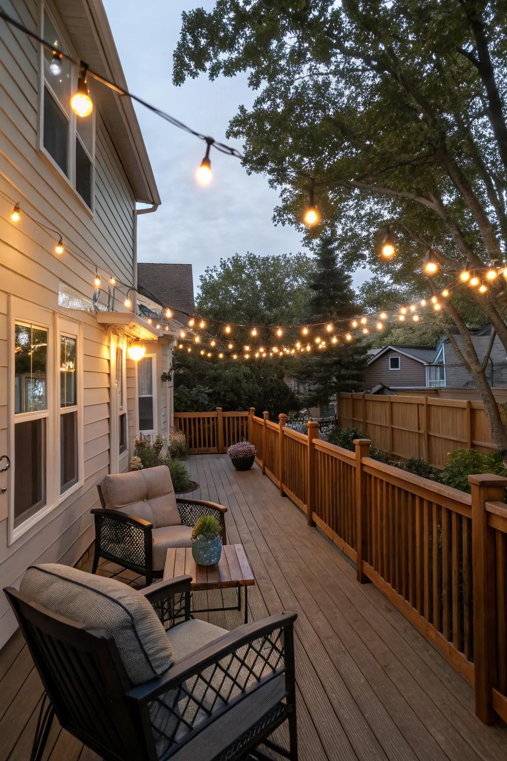 Hanging lights introduce a lovely glow for nights spent in the open air.