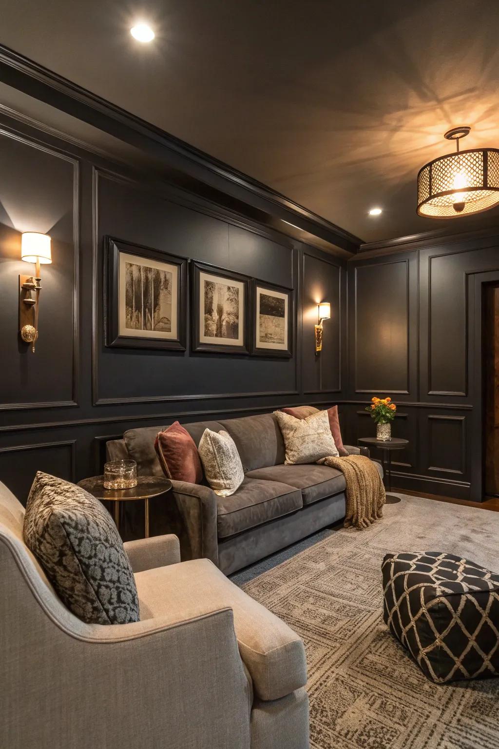 A townhouse den featuring deep black walls for a dramatic flair.
