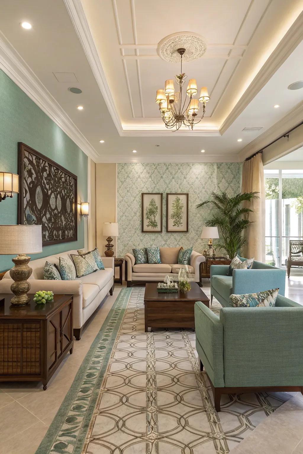 Coordinated décor enhances the unified look of the area.