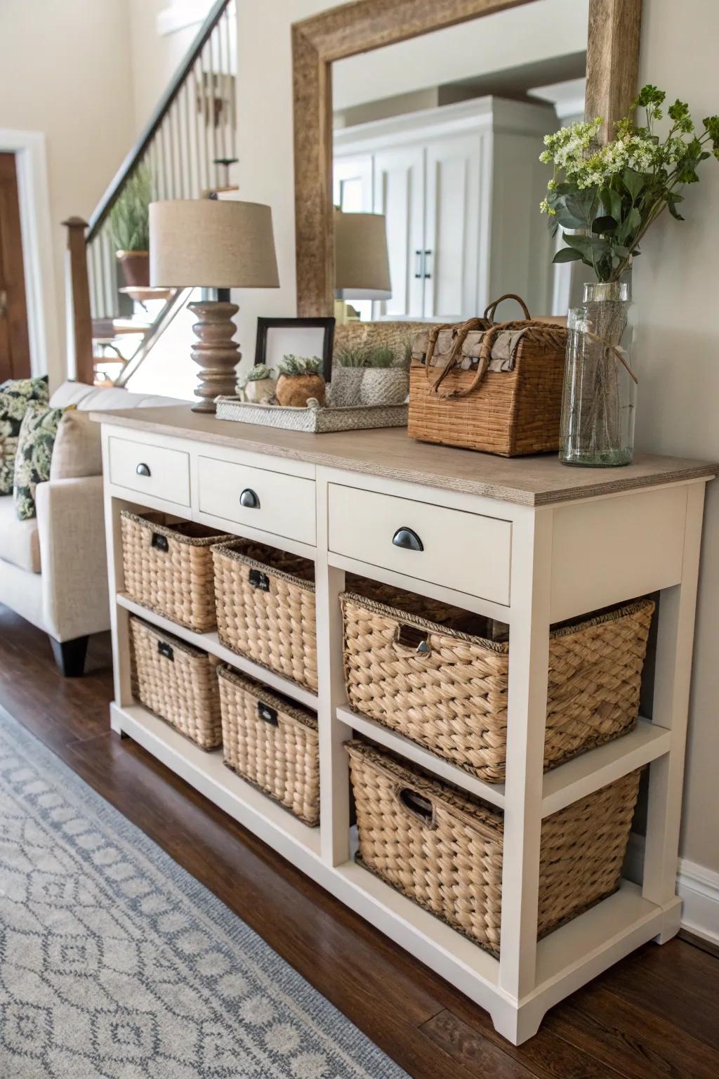 Stylish storage options maintain the organization and beauty of your entryway.