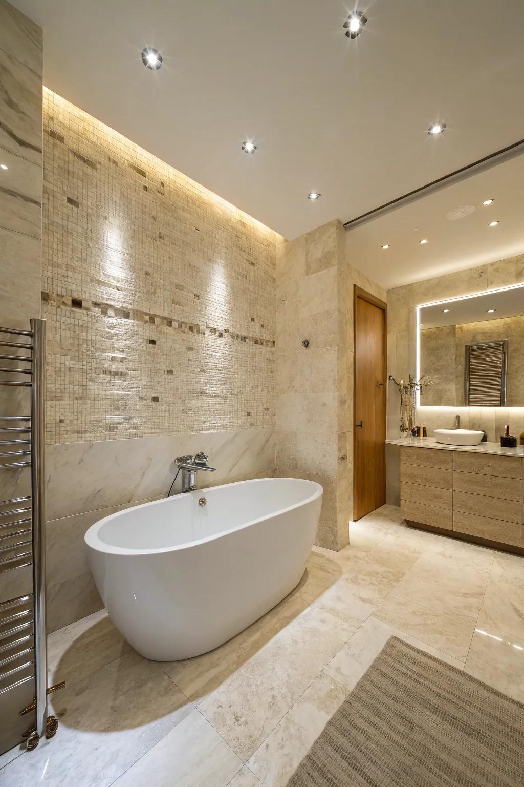 A tranquil travertine bathroom featuring ambient lighting that accentuates the stone's natural textures.