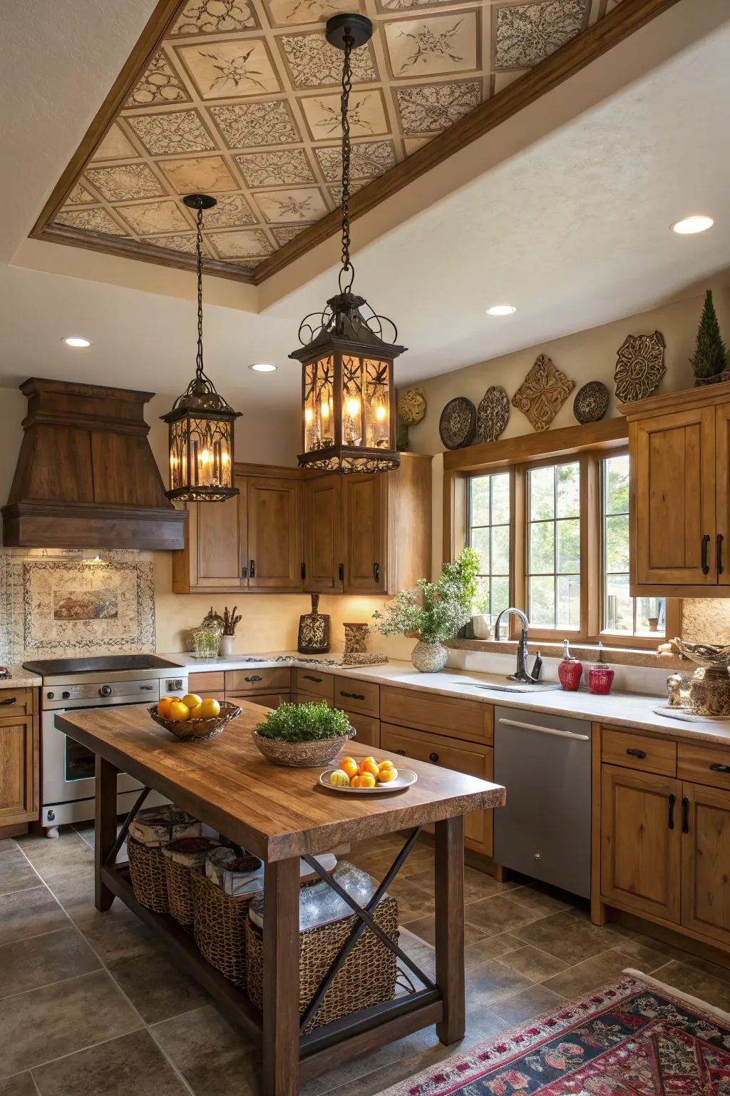 A cozy kitchen features diverse pendant lights in the tray ceiling.