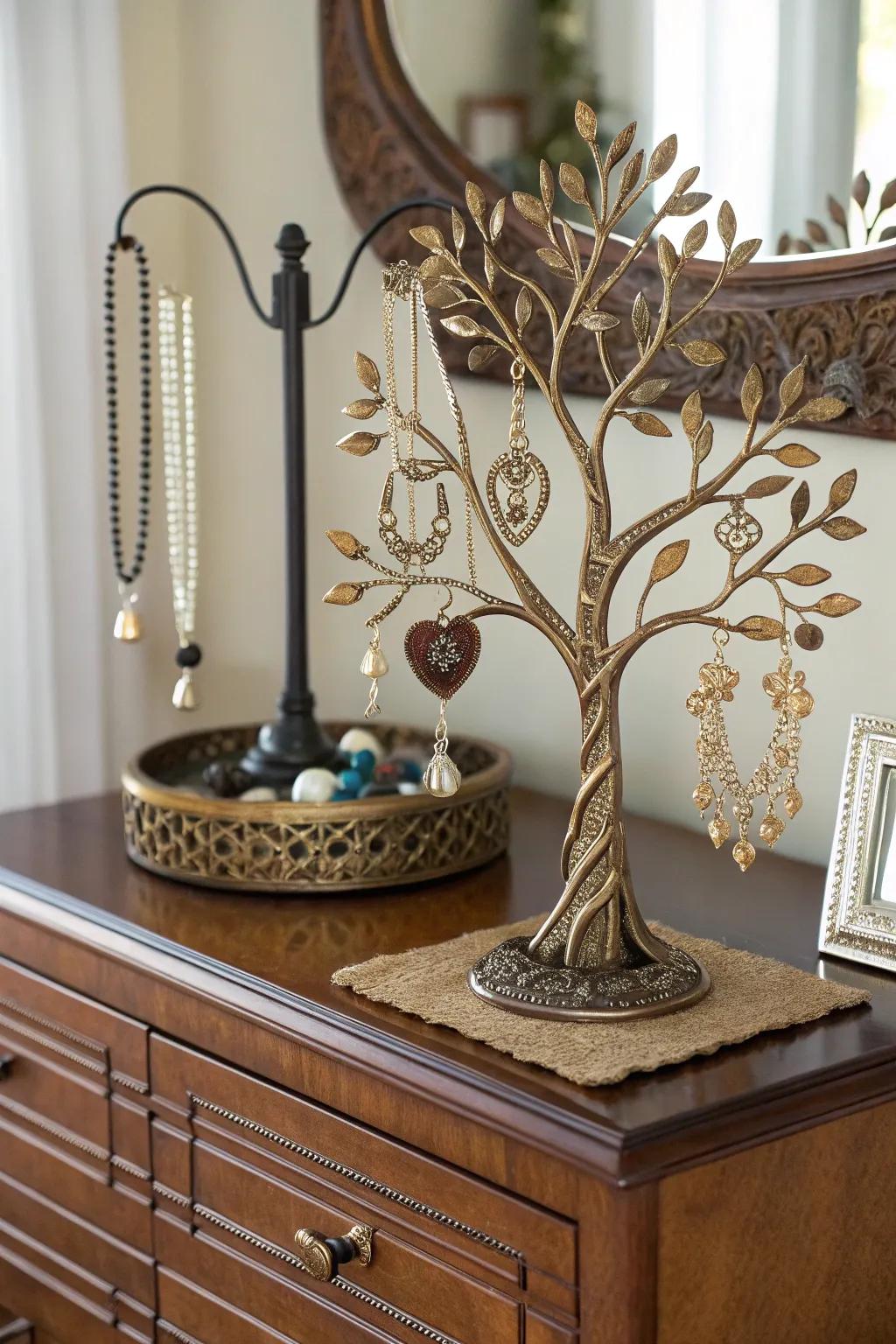 An elegant Arbor Vitae jewel display keeps treasures organized on a dresser.