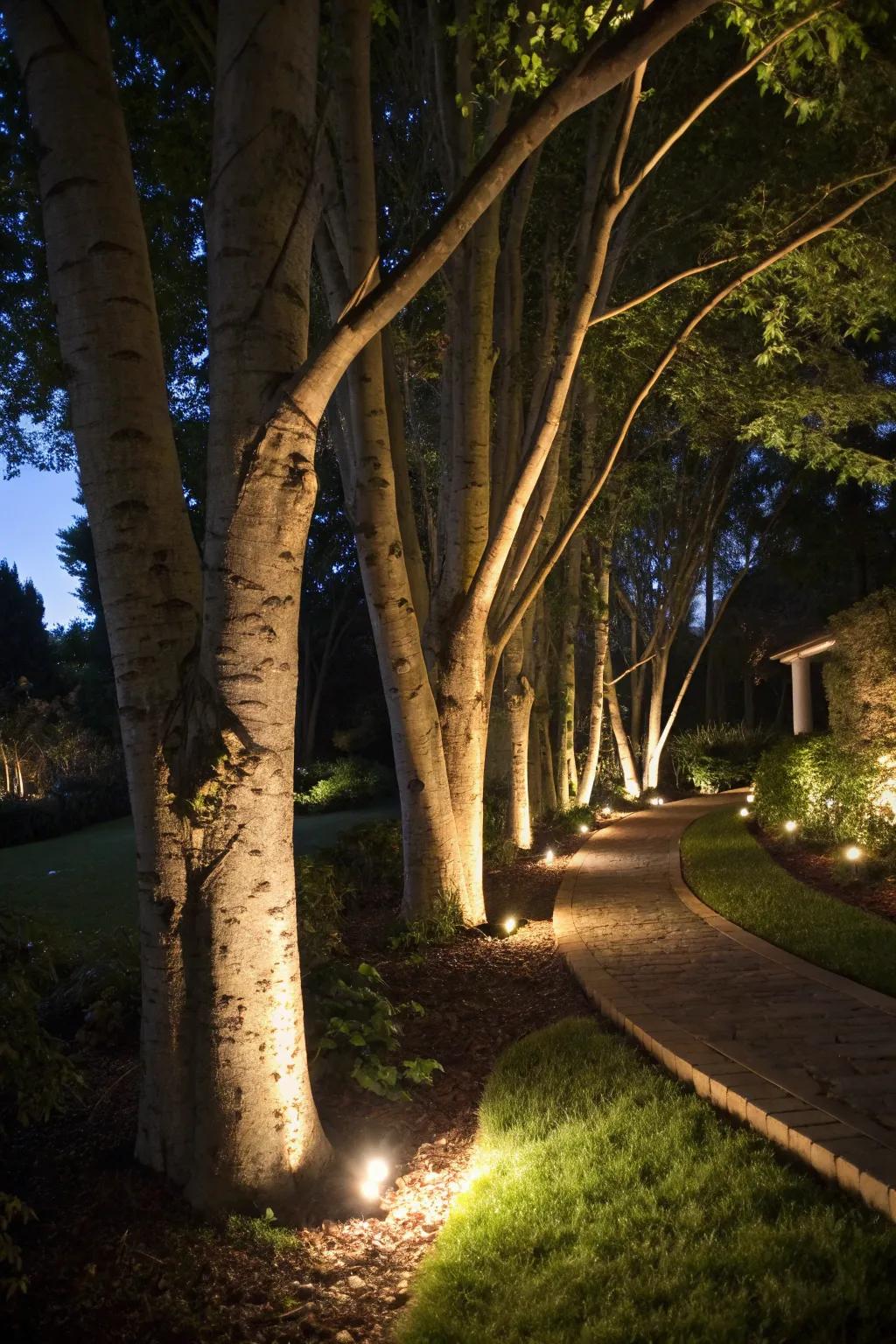 Ground lights fashion striking shadows on tree trunks.