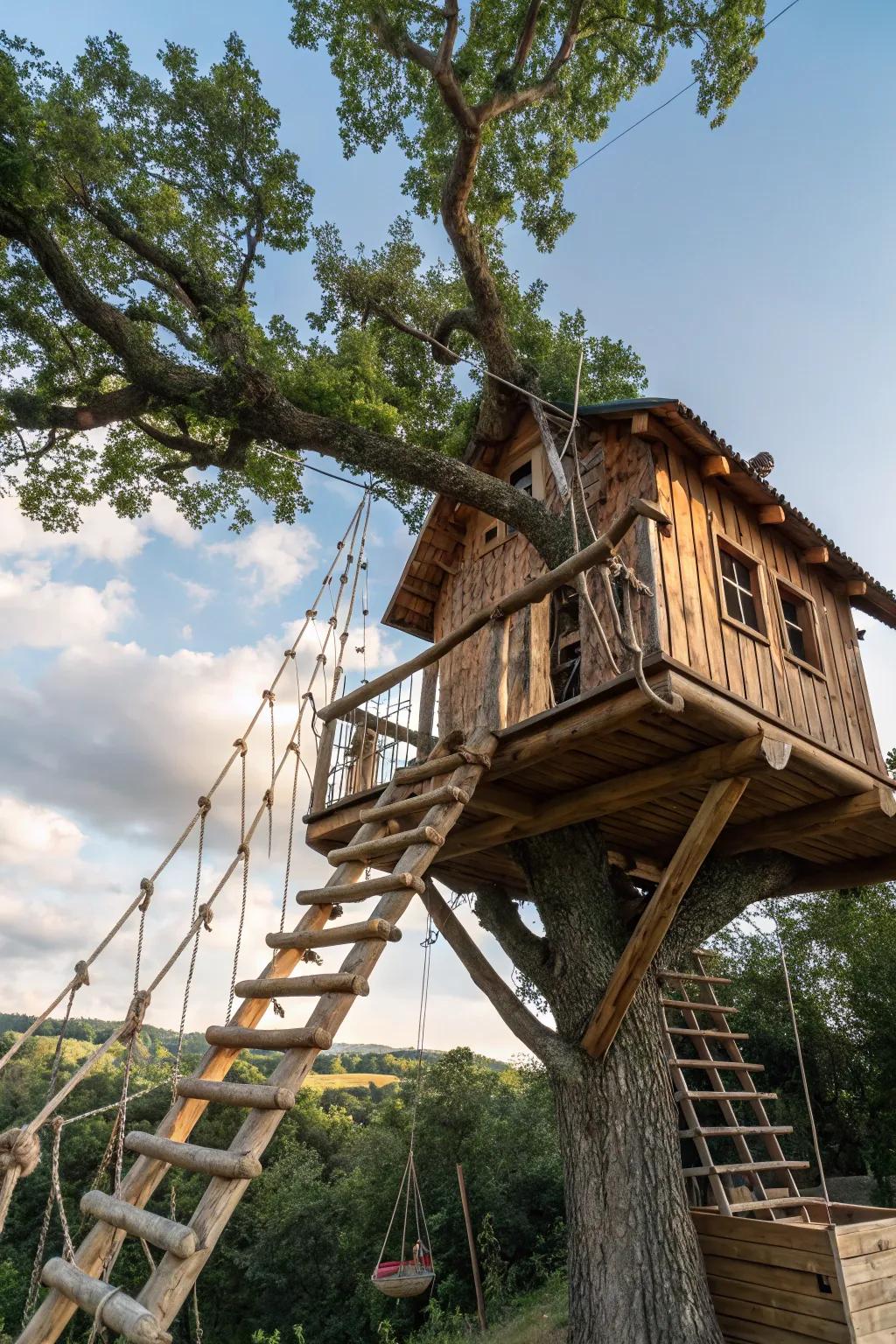 Imaginative design elements inside a treehouse, showcasing cordage ladders and unrefined beams.