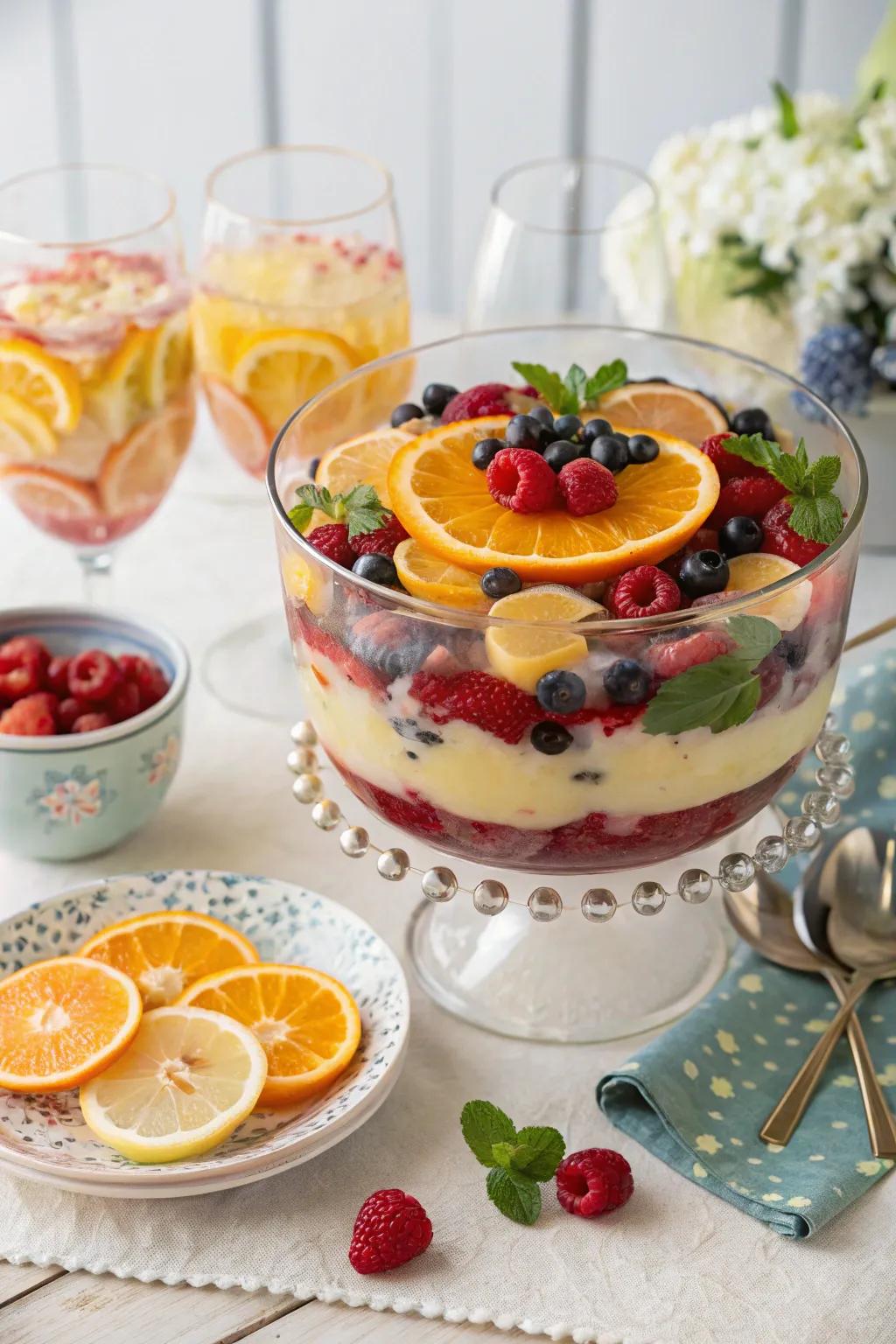A trifle bowl functioning as a vibrant party drink centerpiece.