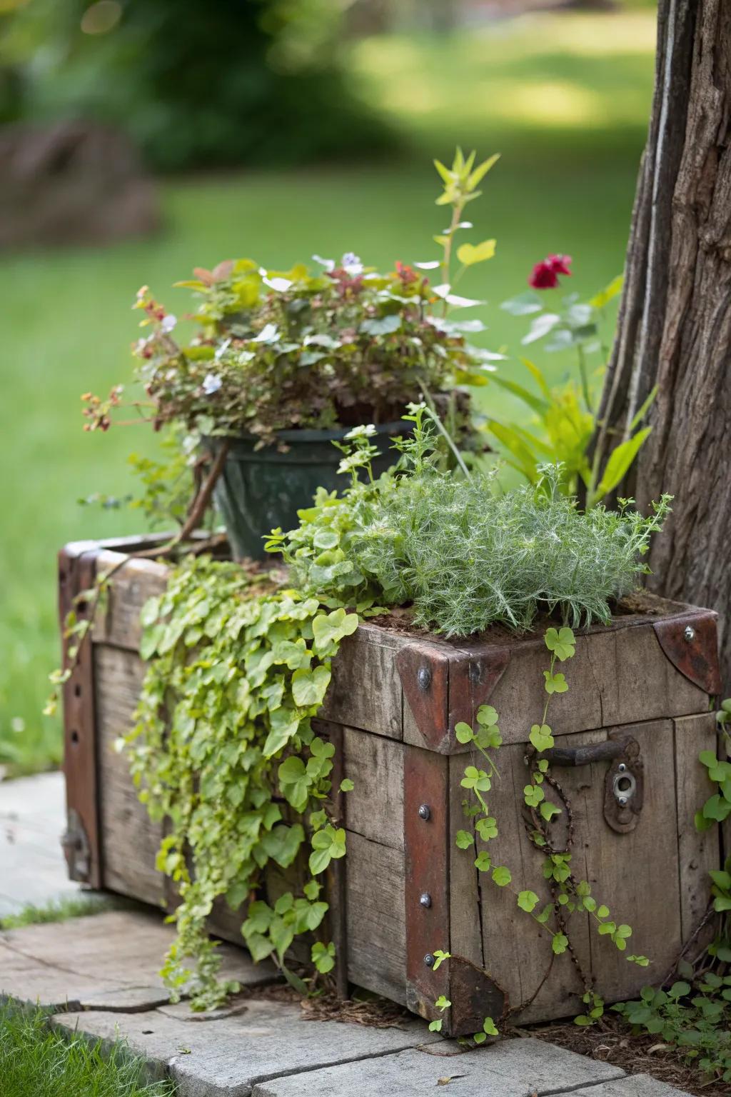A trunk serves as a unique planter, adding natural beauty to the home.