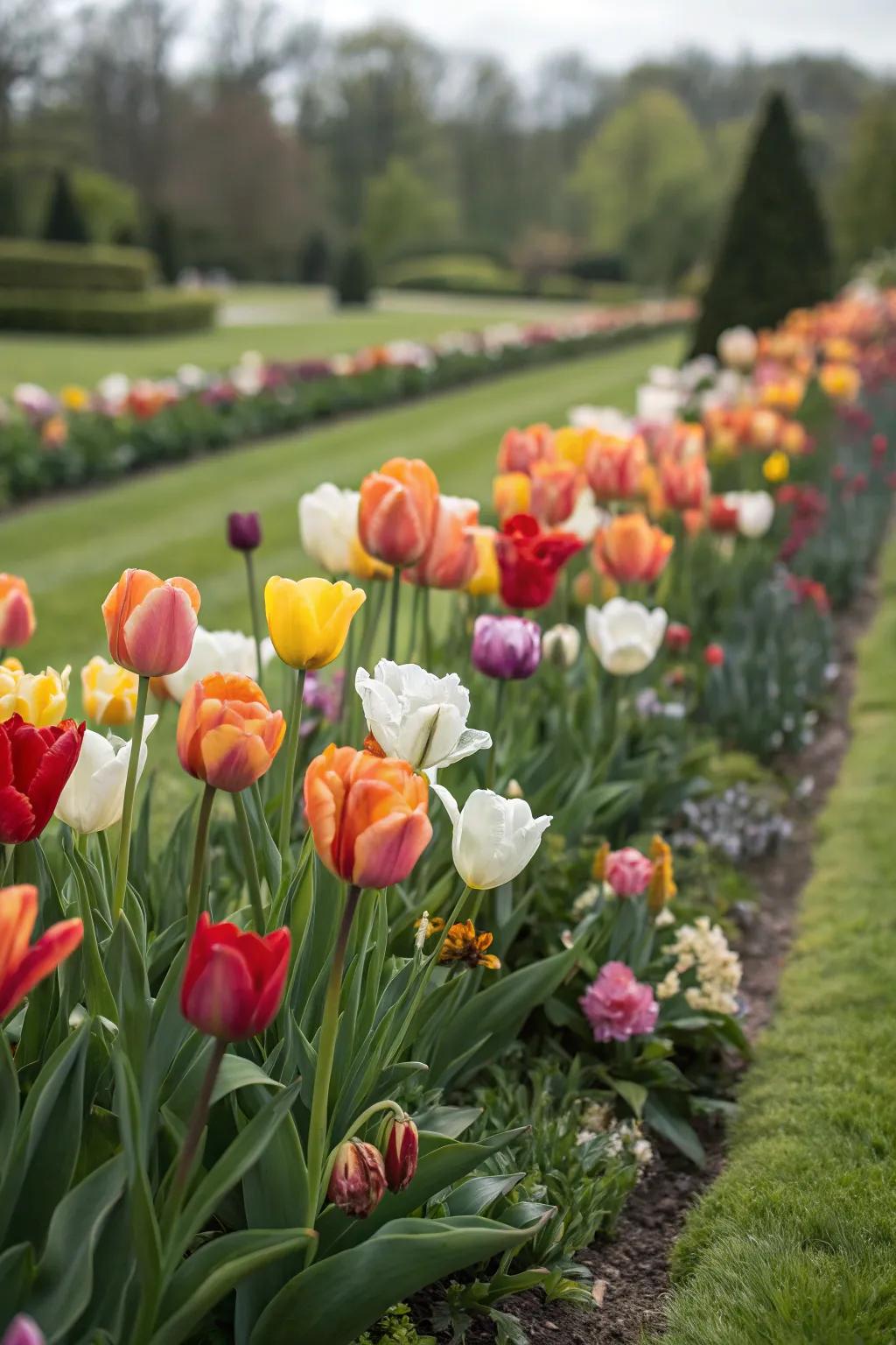 A garden bed with tulips in various stages of bloom, creating a layered effect.