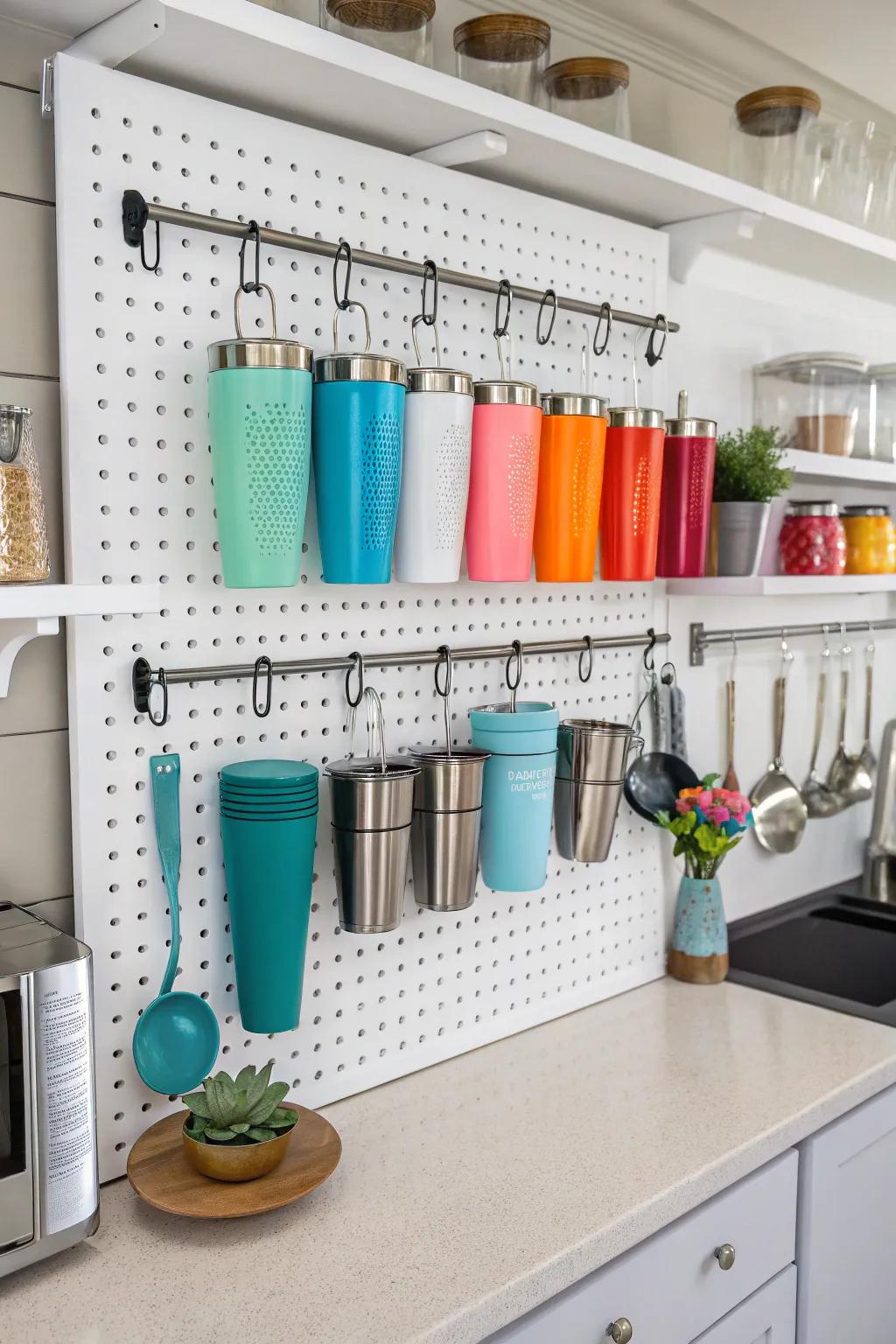 Mounted board wall for versatile tumbler storage.