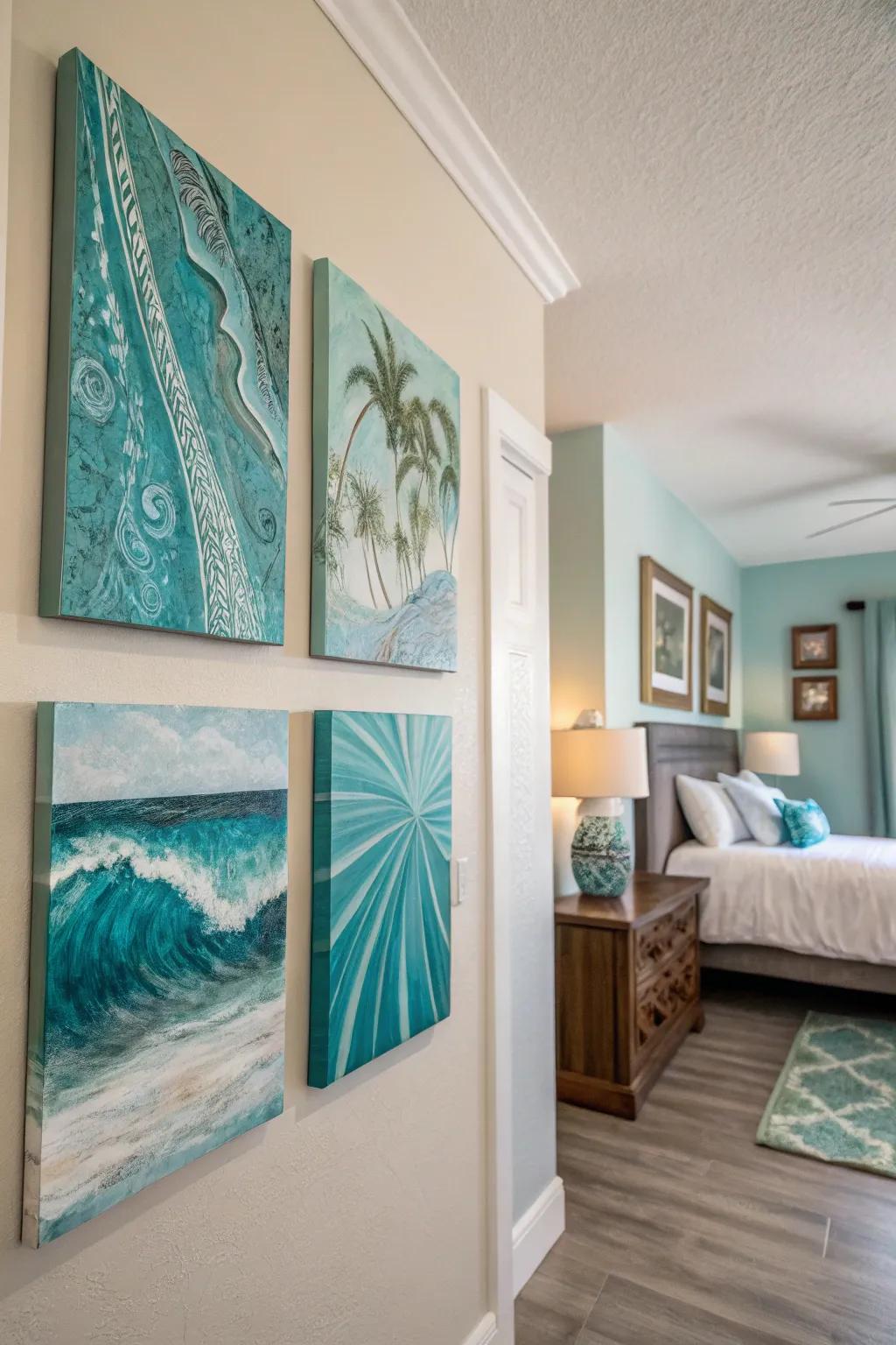 Abstract art with turquoise accents adds richness and character to this bedroom.