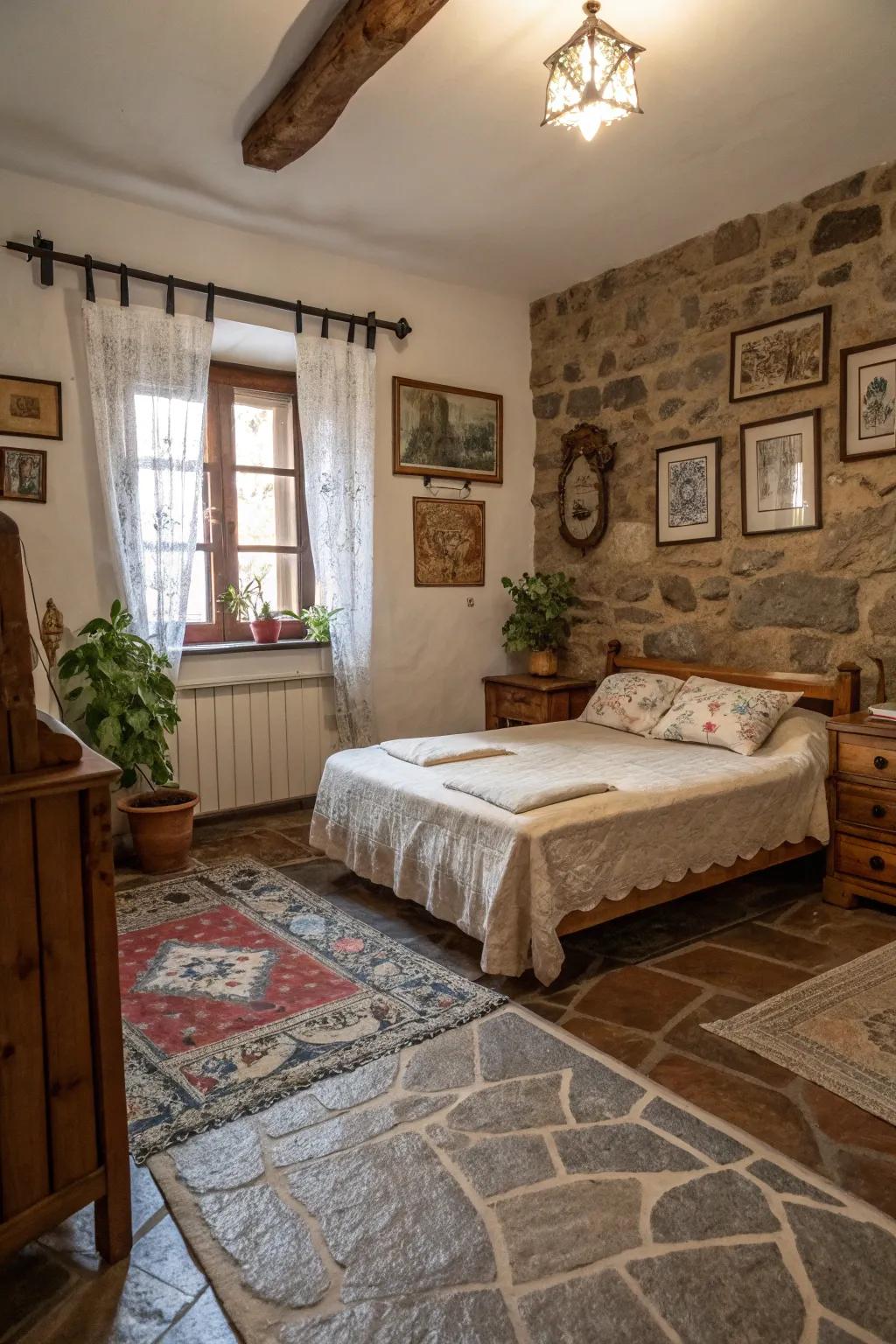 Stone flooring contributes a country-style and true element to your bedroom.