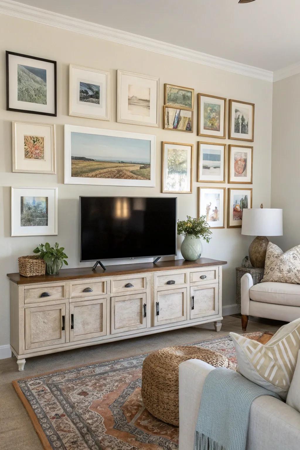 A coordinated color scheme integrates this TV gallery wall perfectly.